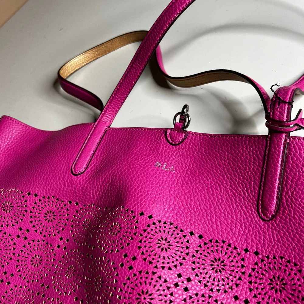 Lauren Ralph Lauren Pink Laser Cut Leather Tote Bag with Gold Interior & Pouch